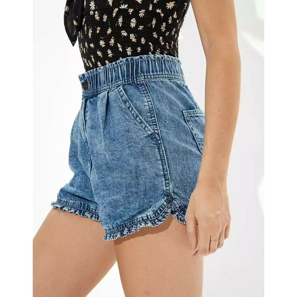American Eagle Outfitters Pants - NWT AE American Eagle acid Wash Mom Shorts High Rise Elastic Ruffle Hems Size 10